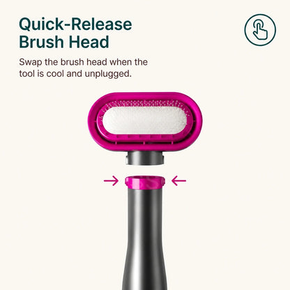 Quick-release brush head detaching from a handheld pet grooming dryer