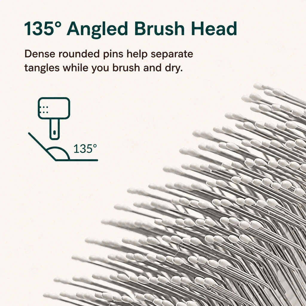 Close-up of a 135-degree angled pet dryer brush head with rounded pins