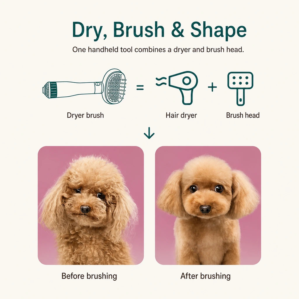 Pet dryer brush diagram with dryer and brush head plus before and after grooming