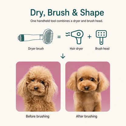 Pet dryer brush diagram with dryer and brush head plus before and after grooming
