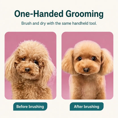 Before and after dog coat comparison for one-handed dryer brush grooming