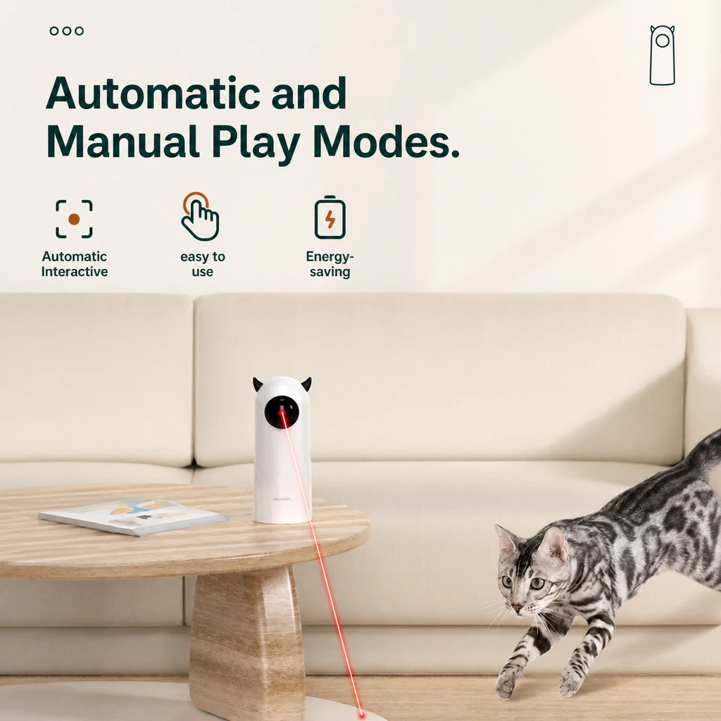 Automatic laser cat toy shown in automatic and manual play modes
