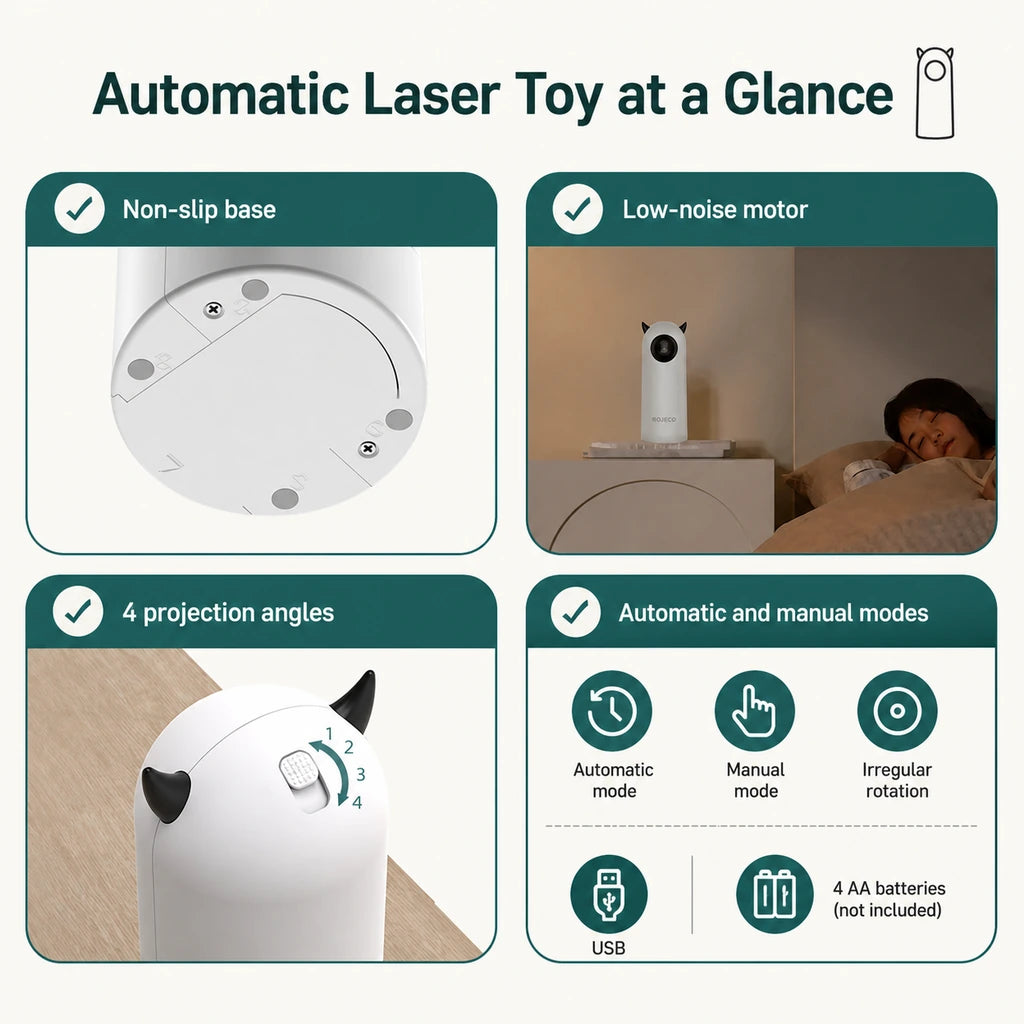 Automatic laser cat toy overview with base, modes, angles and power options