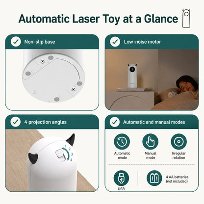 Automatic laser cat toy overview with base, modes, angles and power options