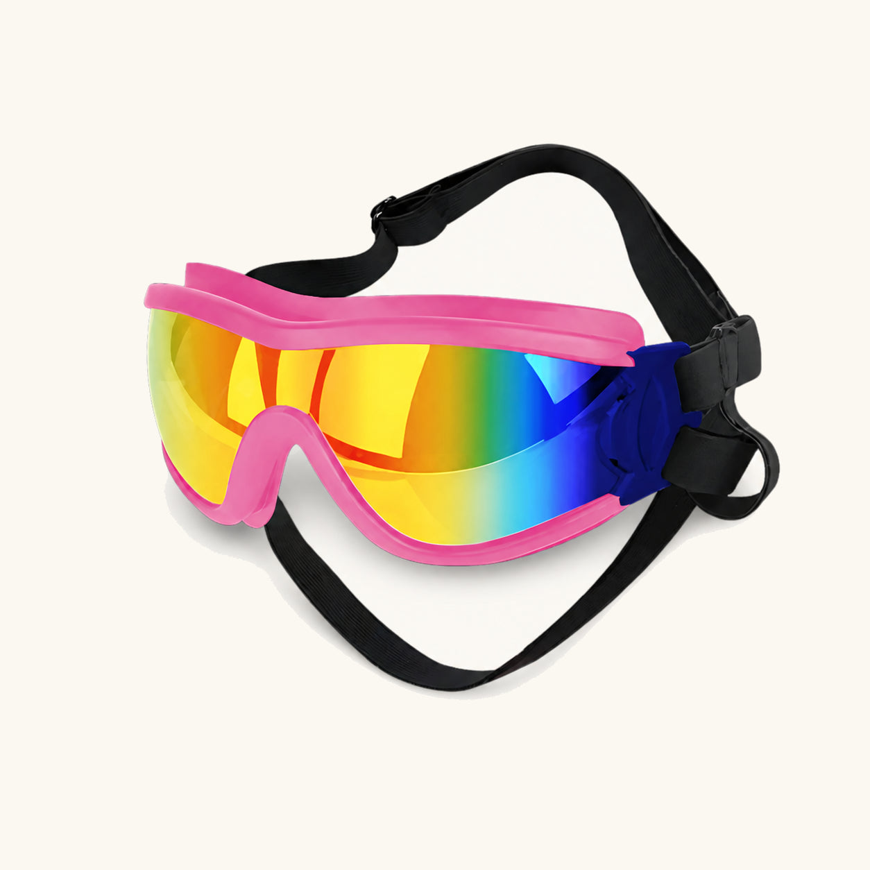Rosa Hundebrille mit mehrfarbig reflektierender Scheibe und verstellbarem schwarzem Riemen