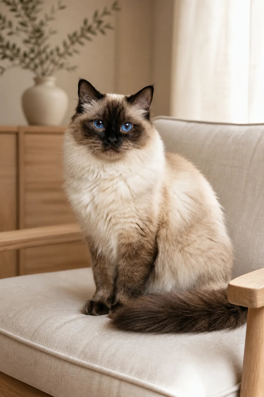 Bella the seal-point Ragdoll cat sitting upright beside a cream sofa