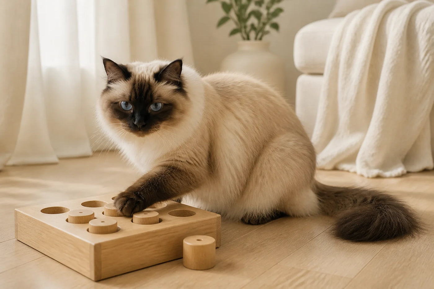 Bella reaching toward a wooden treat puzzle during a quiet enrichment session