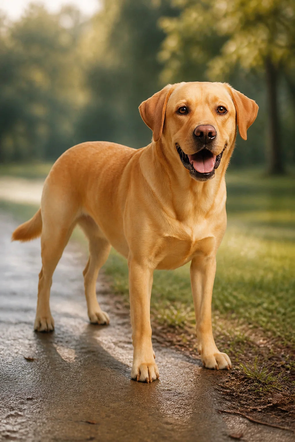 Charlie the golden Labrador Retriever standing on a green path during an outdoor walk
