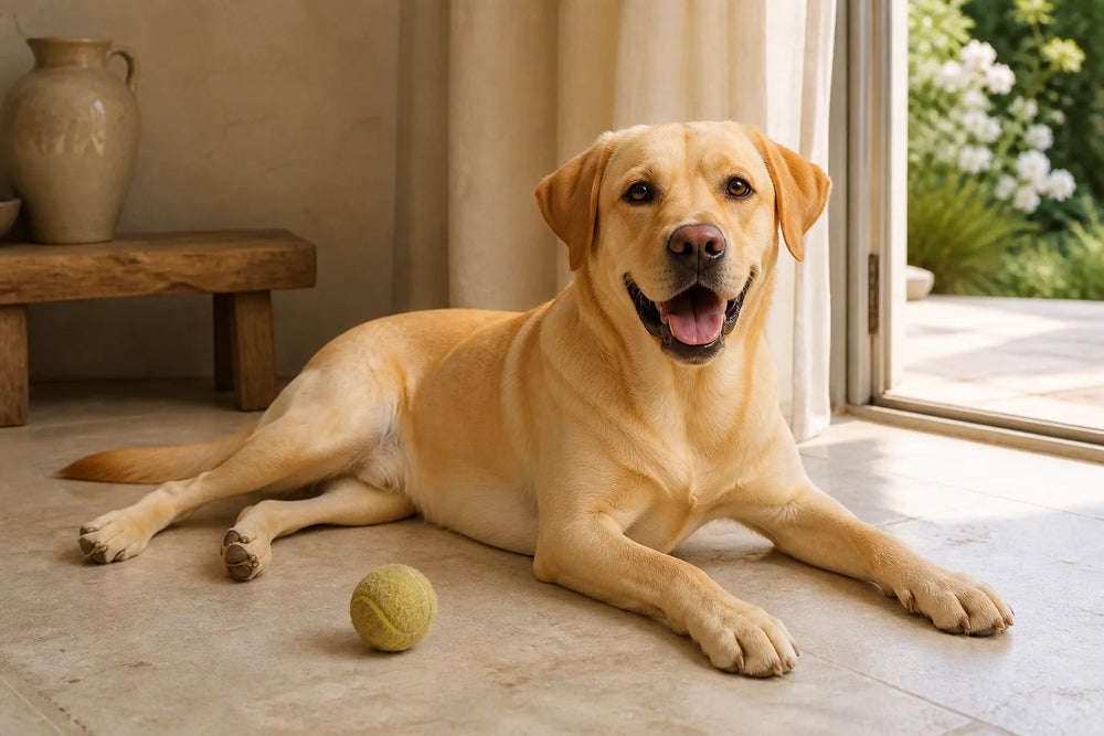 Charlie a descansar junto a uma porta de acesso ao terraço aberta, com uma bola de ténis por perto, depois de brincar