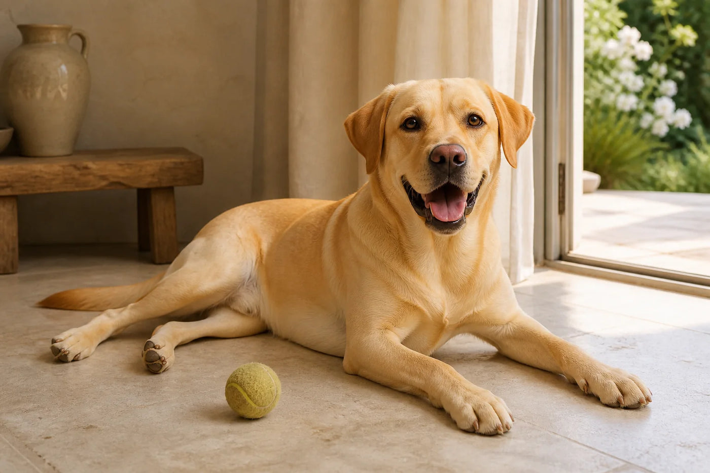 Charlie resting by an open patio door with a tennis ball nearby after playtime