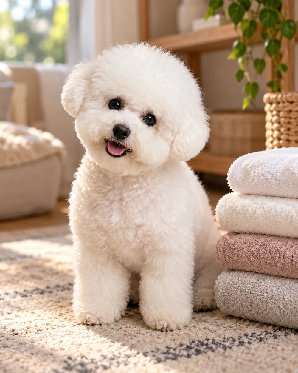 Elaine the white Bichon Frise sitting beside neatly folded towels in a warm, softly lit room