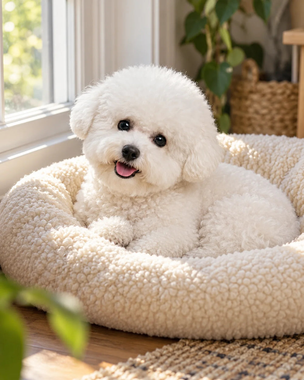 Elaine curled into a cream pet bed beside a bright window during her quiet rest routine