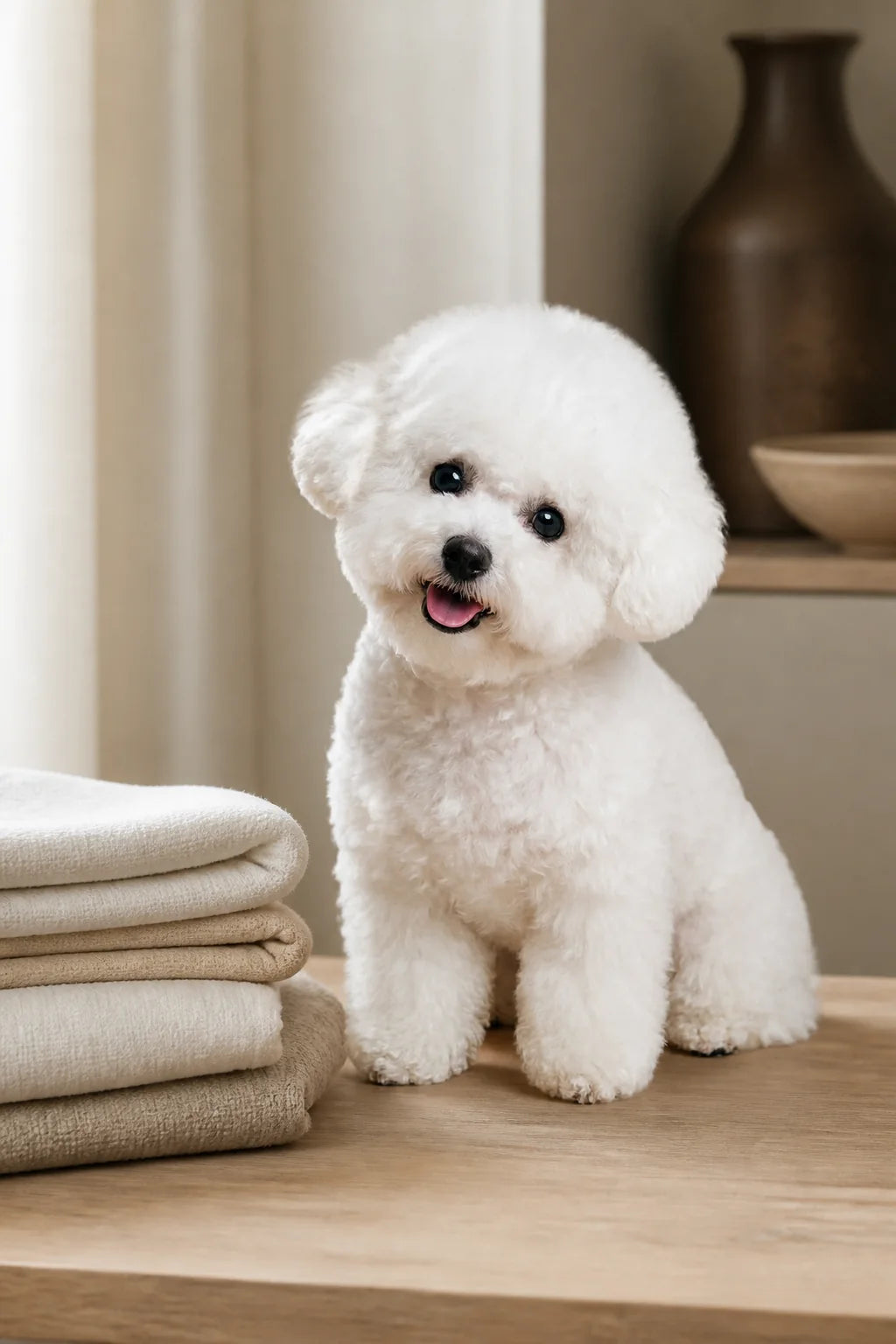 Elaine the white Bichon Frise sitting beside neatly folded towels in a warm, softly lit room