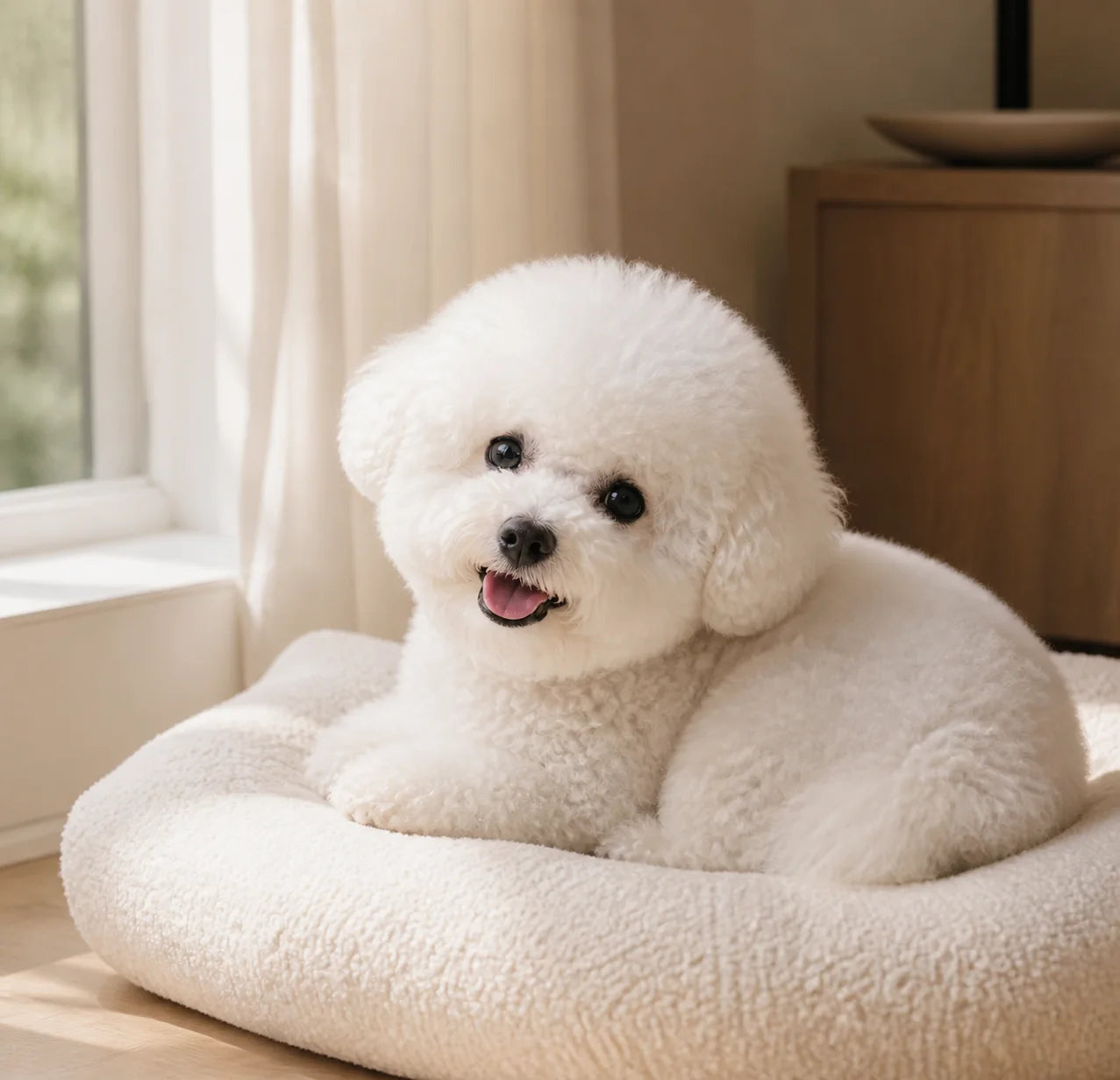 Elaine curled into a cream pet bed beside a bright window during her quiet rest routine