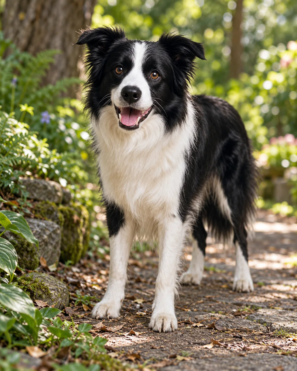 Flash the black and white Border Collie standing alert on a shaded garden path