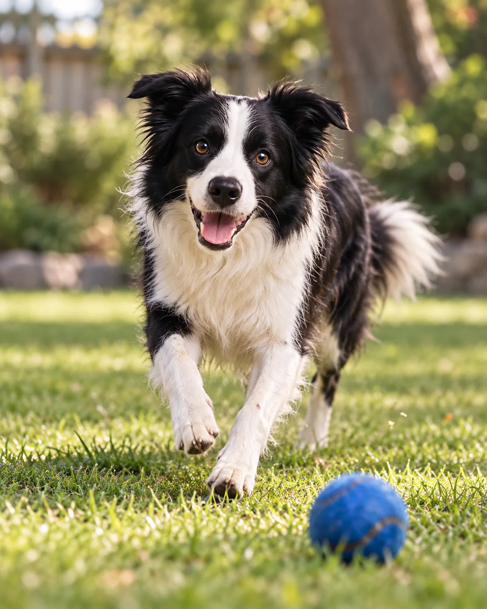 Flash running across a lawn toward a blue ball during supervised outdoor play