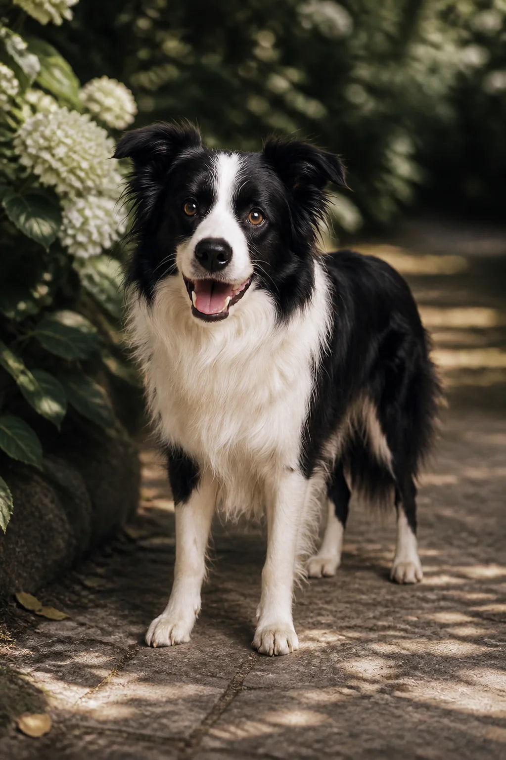 Flash the black and white Border Collie standing alert on a shaded garden path