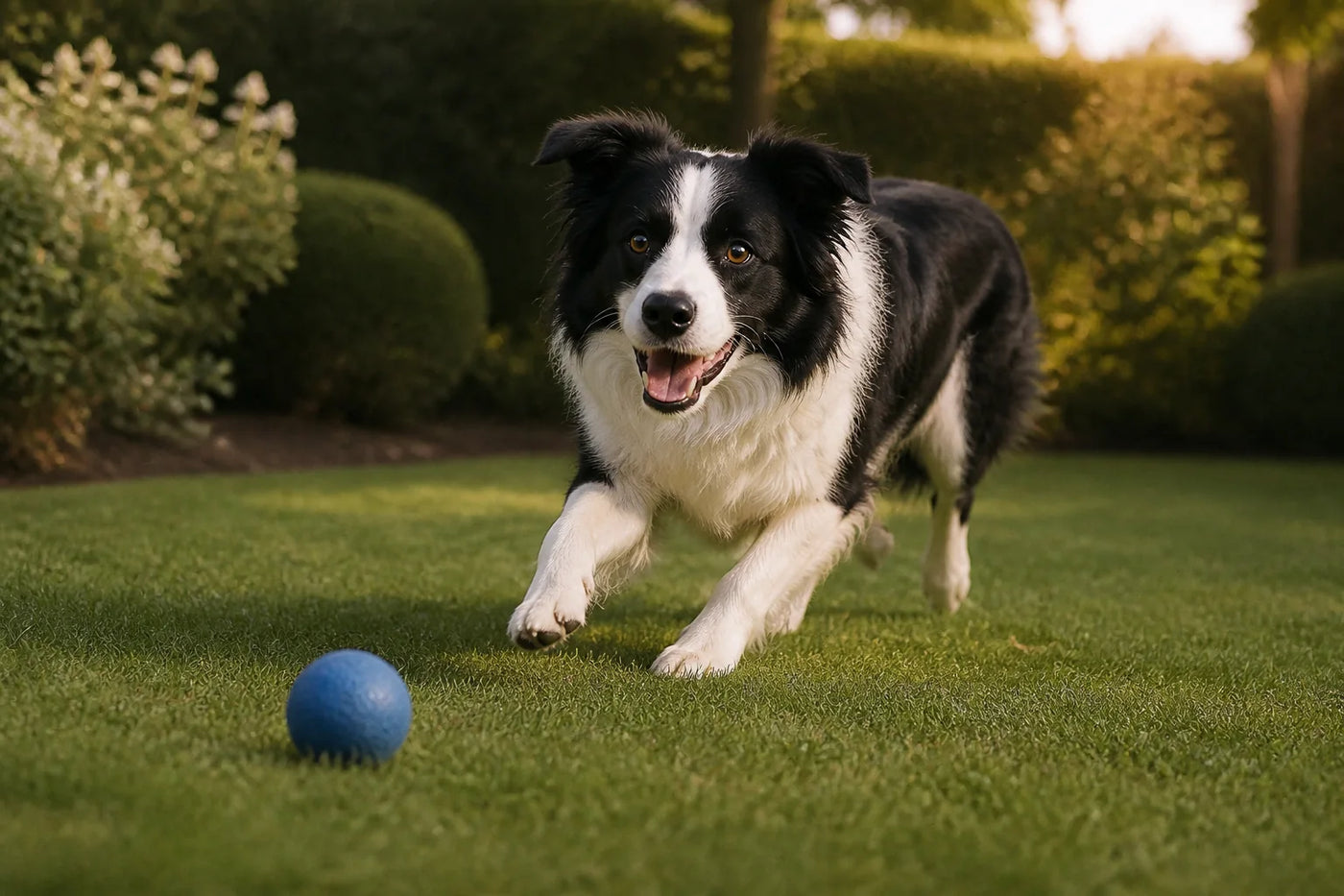 Flash running across a lawn toward a blue ball during supervised outdoor play