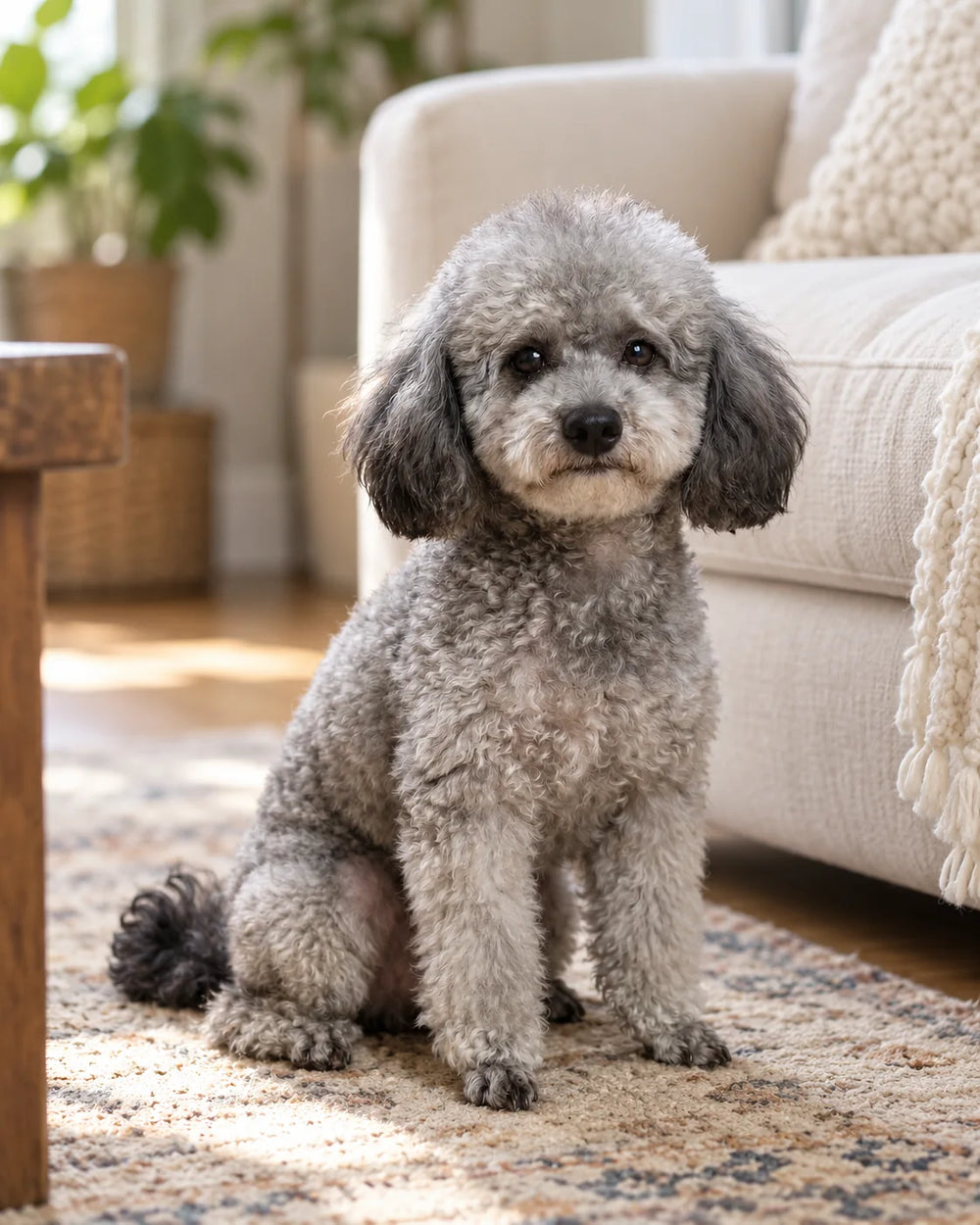 Jack the silver-gray Toy Poodle sitting beside a cream sofa in soft window light