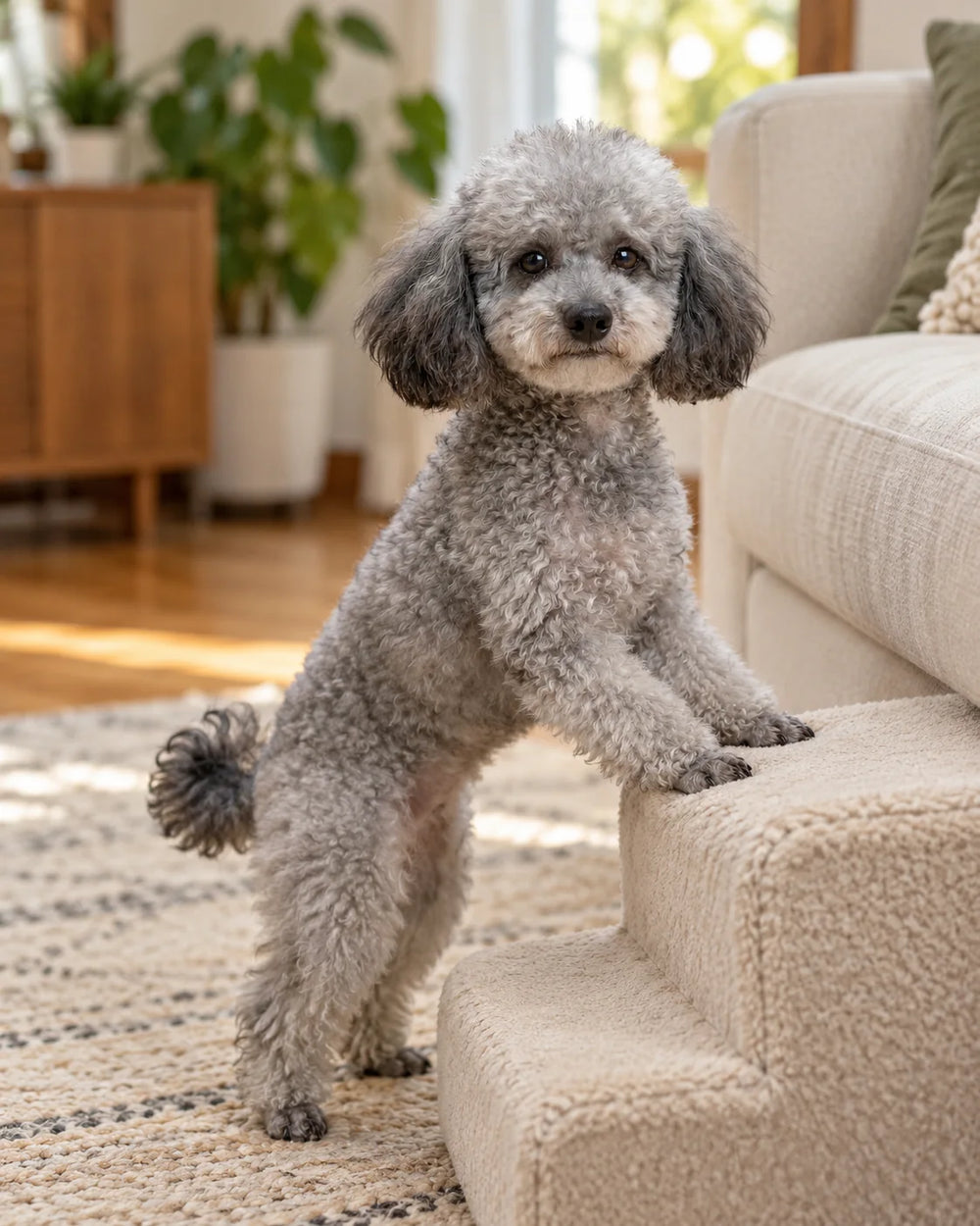 Jack the silver-gray Toy Poodle placing his front paws on soft pet stairs beside a cream sofa