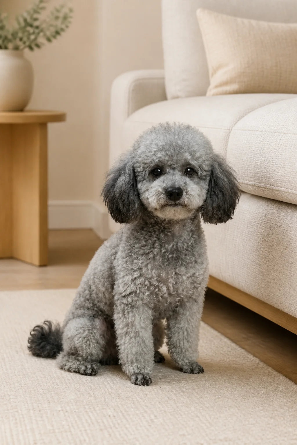 Jack the silver-gray Toy Poodle sitting beside a cream sofa in soft window light