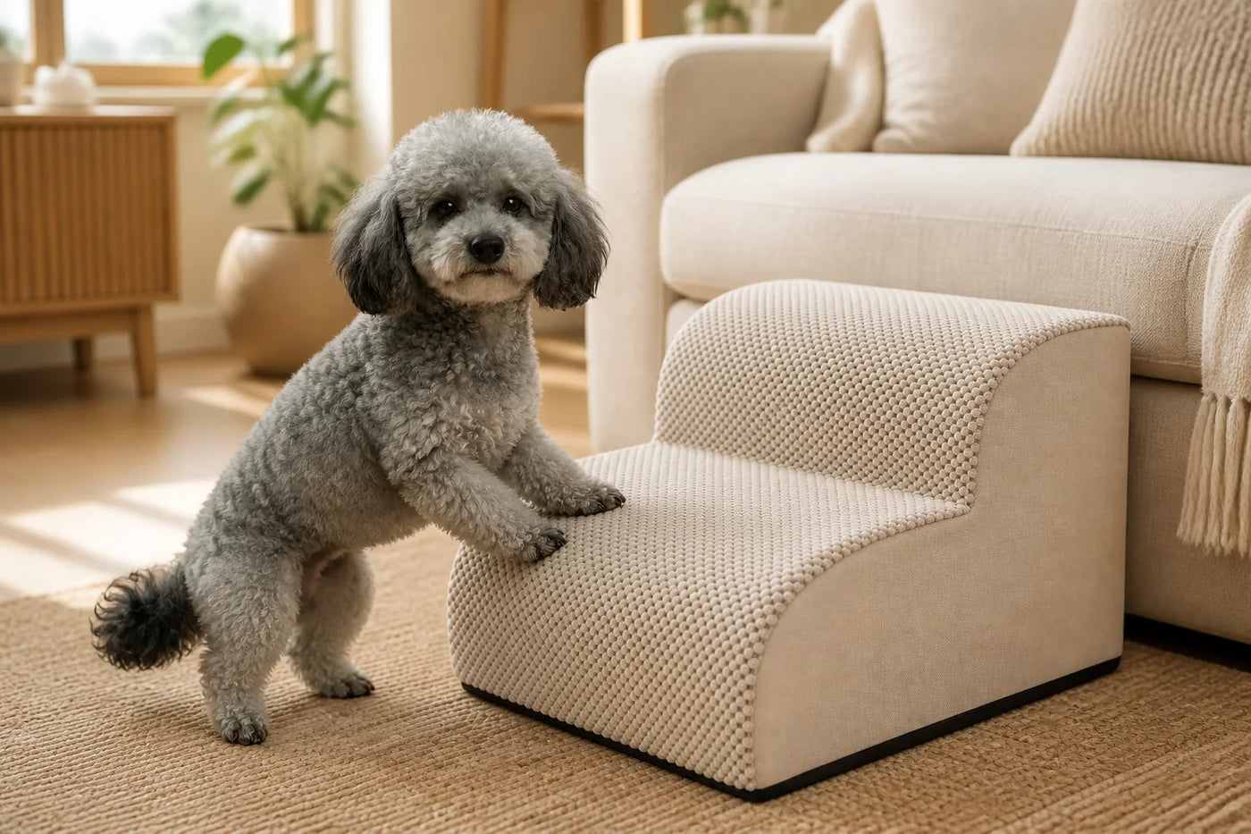 Jack the silver-gray Toy Poodle placing his front paws on soft pet stairs beside a cream sofa