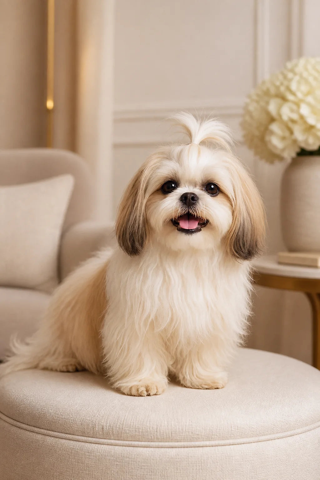 Lulu the cream and white Shih Tzu sitting in a softly lit living room