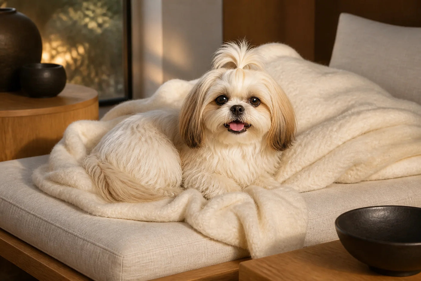 Lulu resting on layered cream bedding during her quiet evening routine