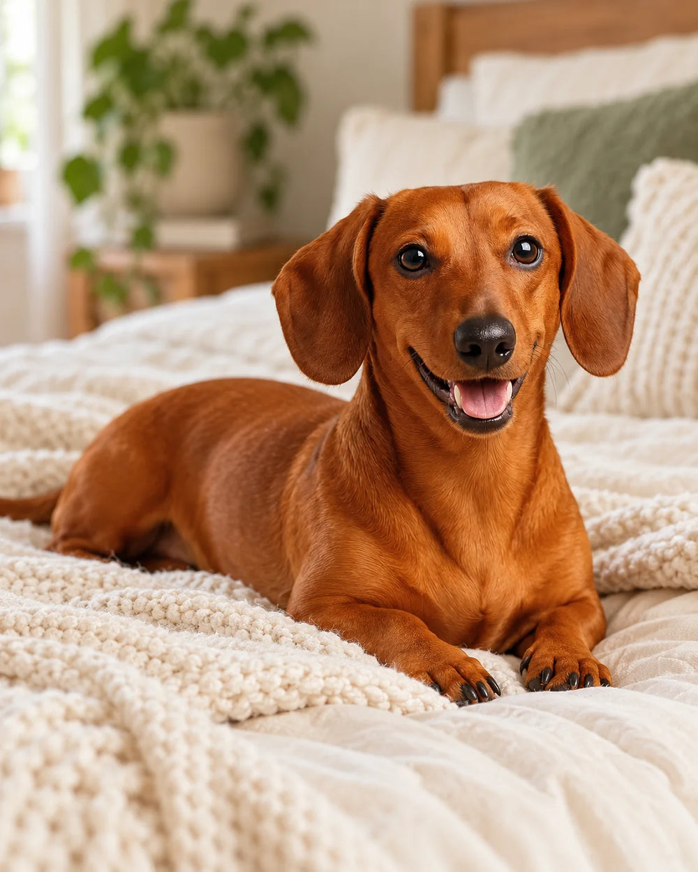 Milo the red Dachshund resting on a cream bed in a warm home setting