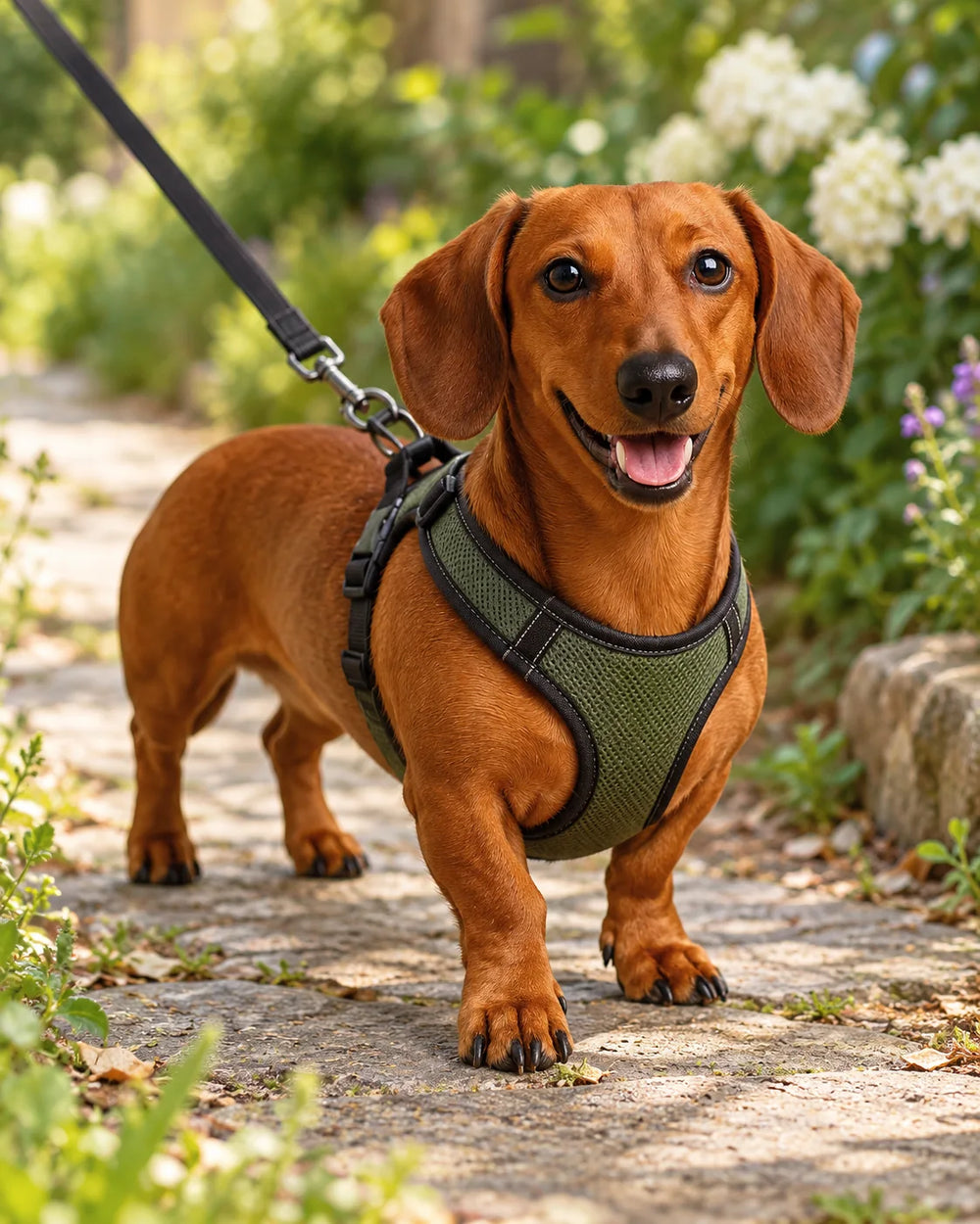 Milo wearing a fitted walking harness on a supervised garden path