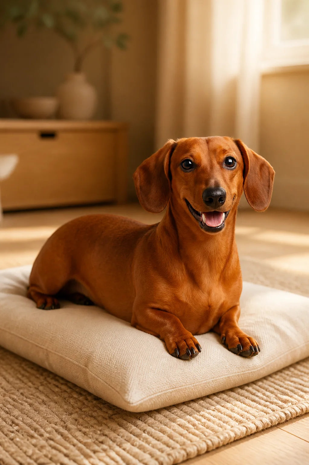 Milo the red Dachshund resting on a cream bed in a warm home setting
