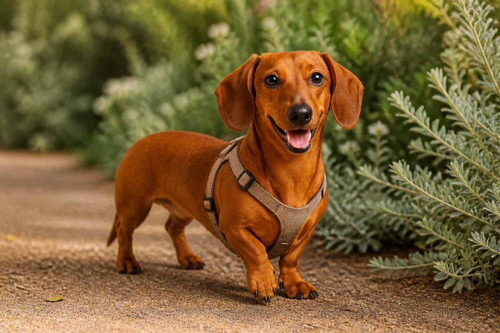 Milo portant un harnais de promenade bien ajusté sur une allée de jardin, sous surveillance