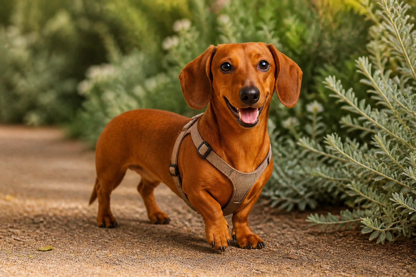 Milo wearing a fitted walking harness on a supervised garden path