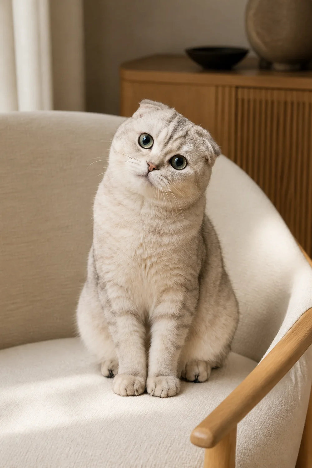 Mochi, un Scottish Fold au pelage argenté, assis bien droit dans un fauteuil crème au calme