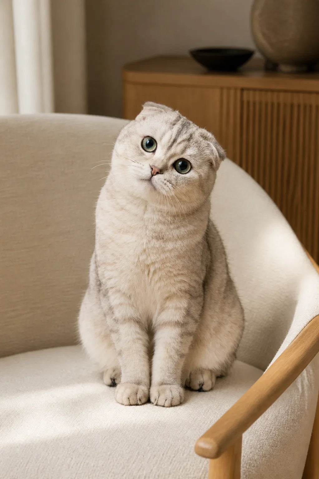 Mochi the silver Scottish Fold sitting upright in a cream chair in a quiet room