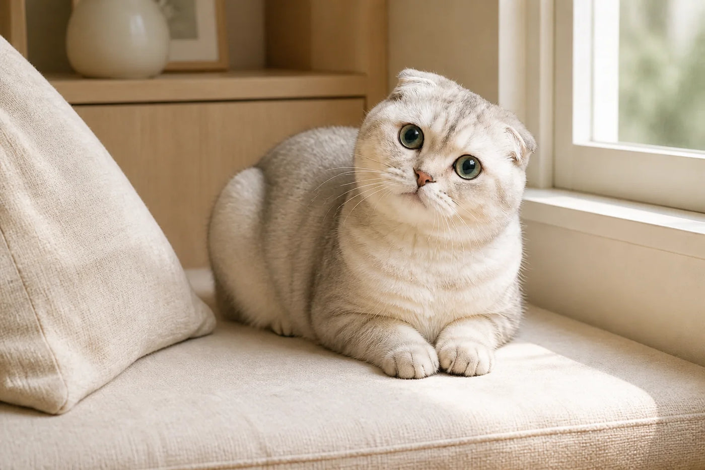 Mochi resting on a cushioned window seat while watching the daylight outside