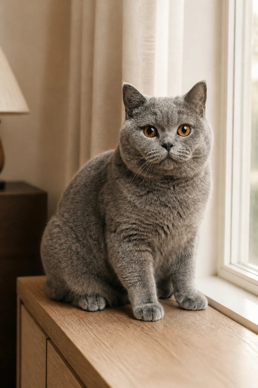 Oliver the gray British Shorthair sitting beside a bright window in a warm neutral room