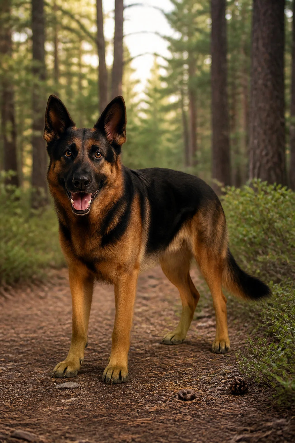 Rex the black and tan German Shepherd standing alert on a shaded woodland path