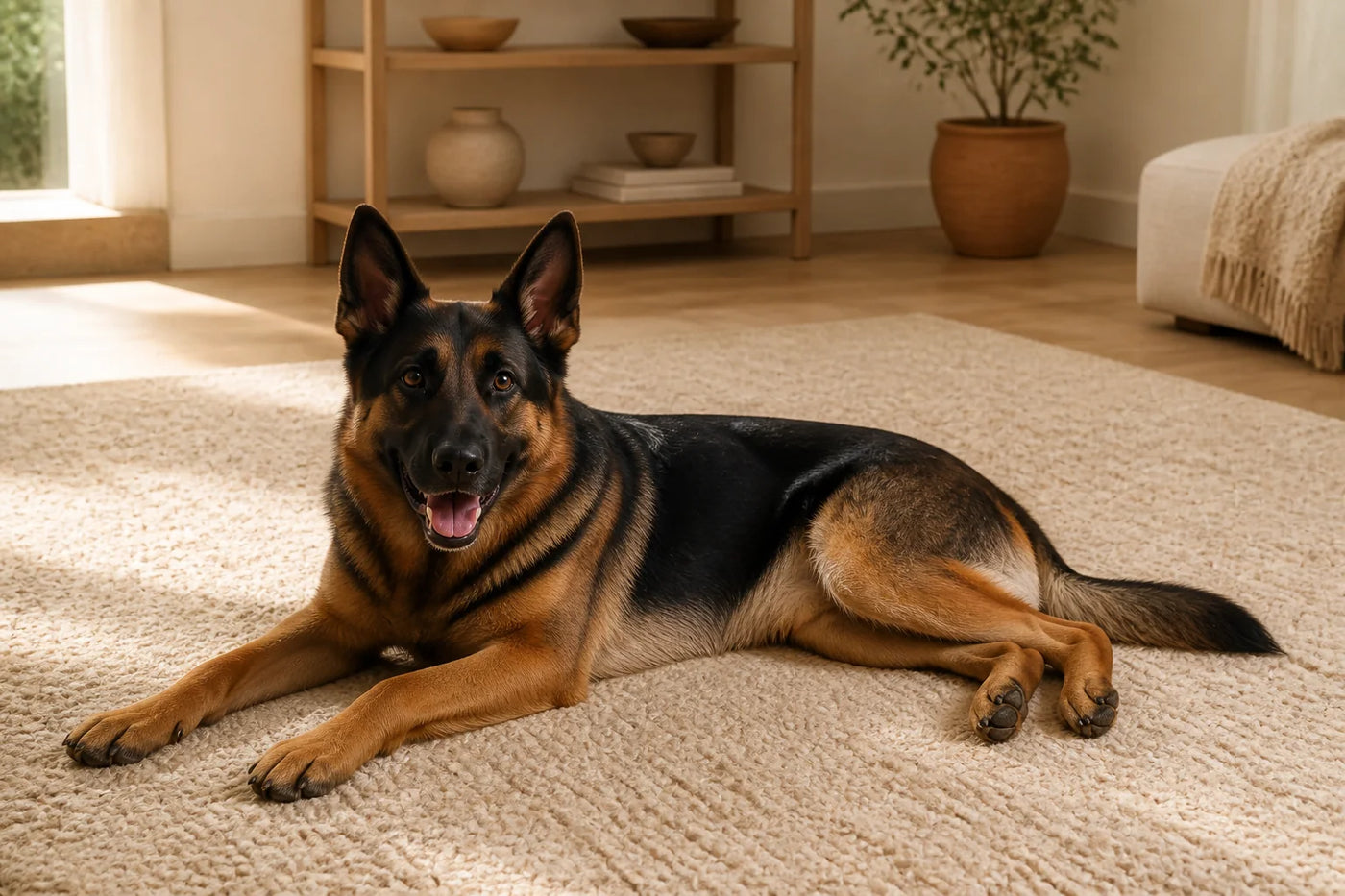 Rex stretched out on a large neutral rug during his indoor recovery time