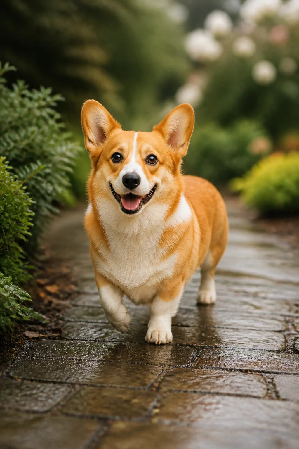 Rosie the red and white Corgi walking along a leafy garden path