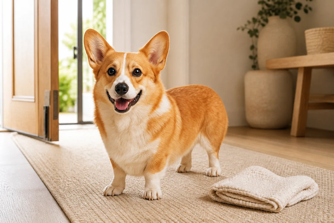 Rosie standing beside an open doorway with a folded towel ready for post-walk cleanup