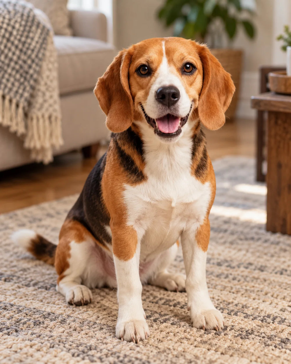 Watson the tricolor Beagle sitting attentively in a warm neutral living room