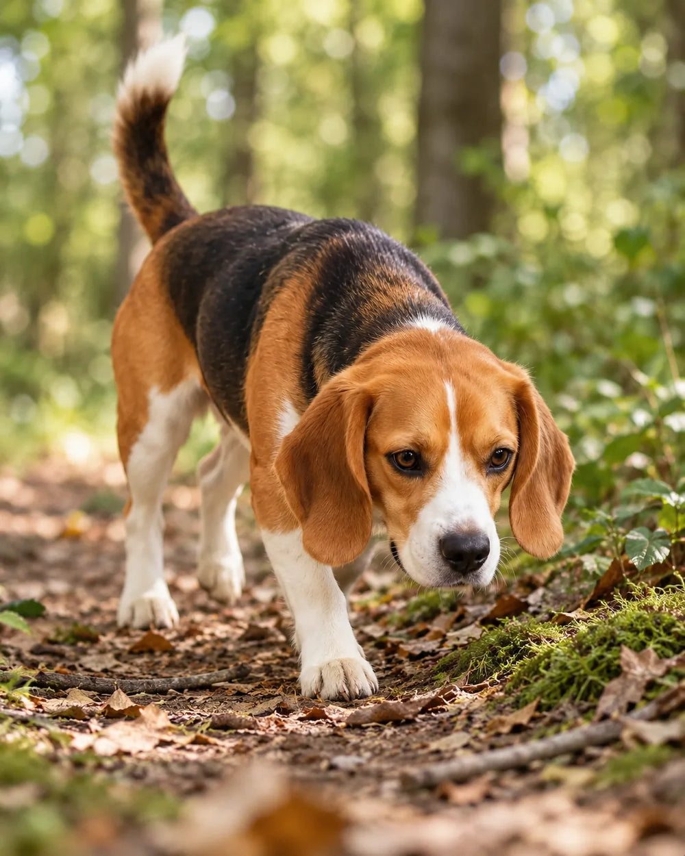 Watson following a scent along a wooded path during a relaxed outdoor walk