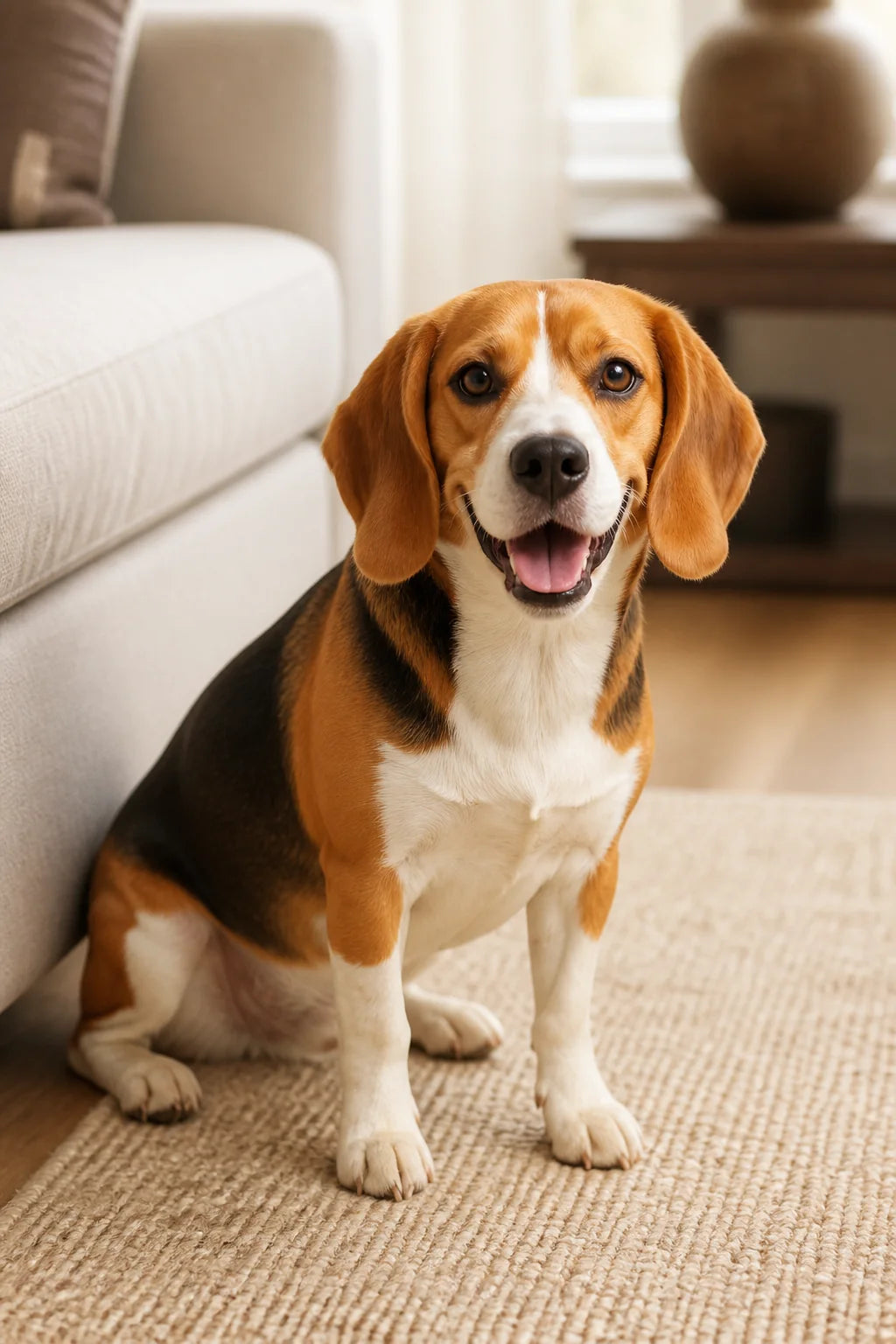 Watson the tricolor Beagle sitting attentively in a warm neutral living room