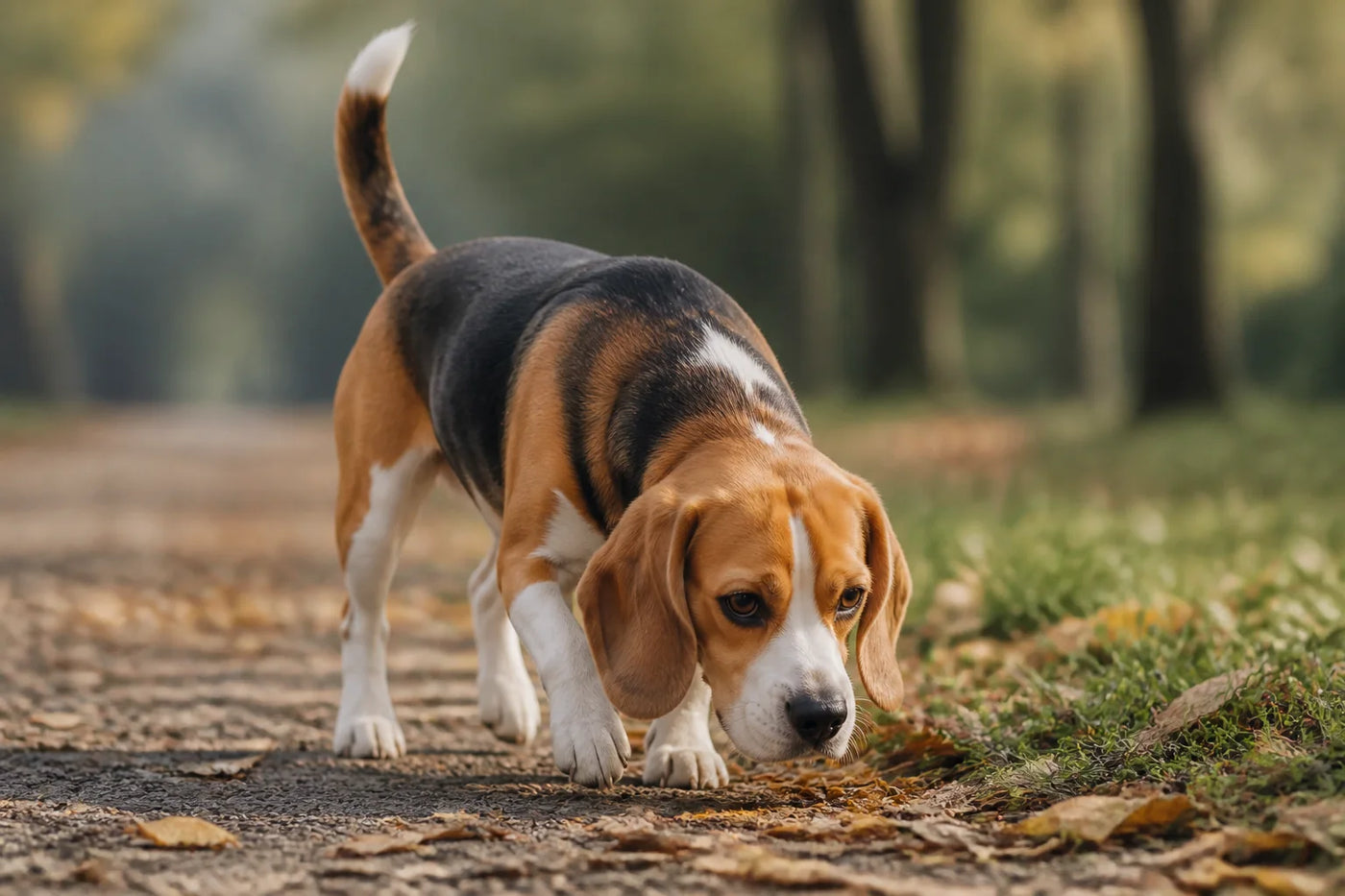 Watson following a scent along a wooded path during a relaxed outdoor walk