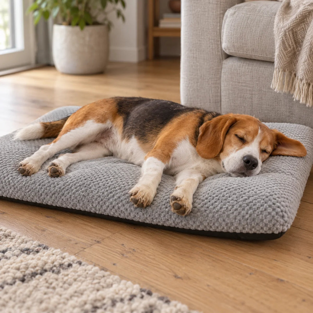A Beagle stretched out asleep on the Plush Haven Calming Pet Bed, size L