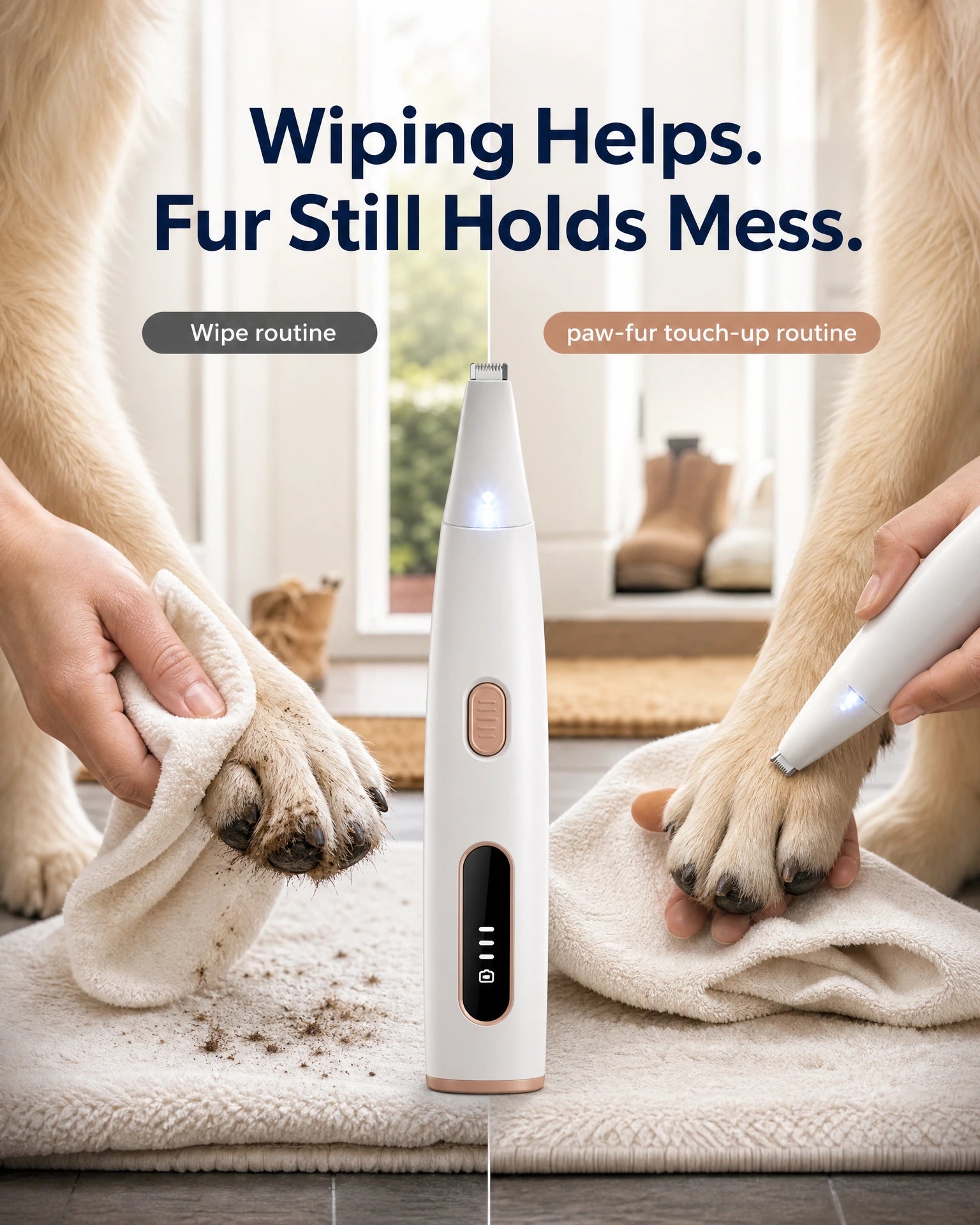 Waterproof Paw Groomer, Wiping Helps. Fur Still Holds Mess.