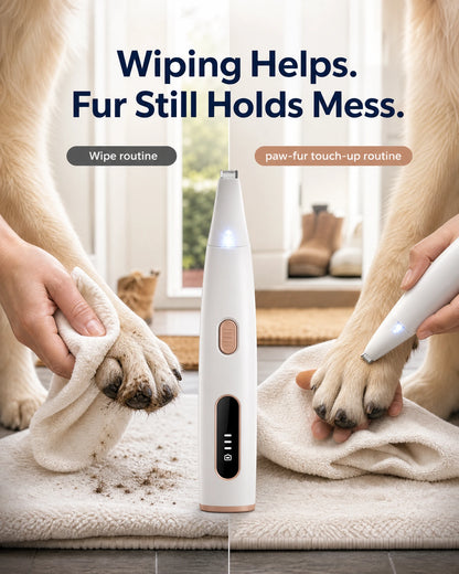 Waterproof Paw Groomer, Wiping Helps. Fur Still Holds Mess.