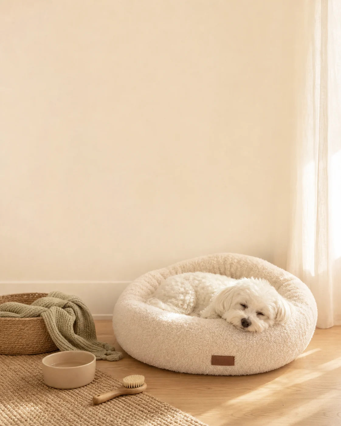 Cagnolino bianco di piccola taglia che dorme in un morbido lettino per animali in un interno domestico caldo e premium