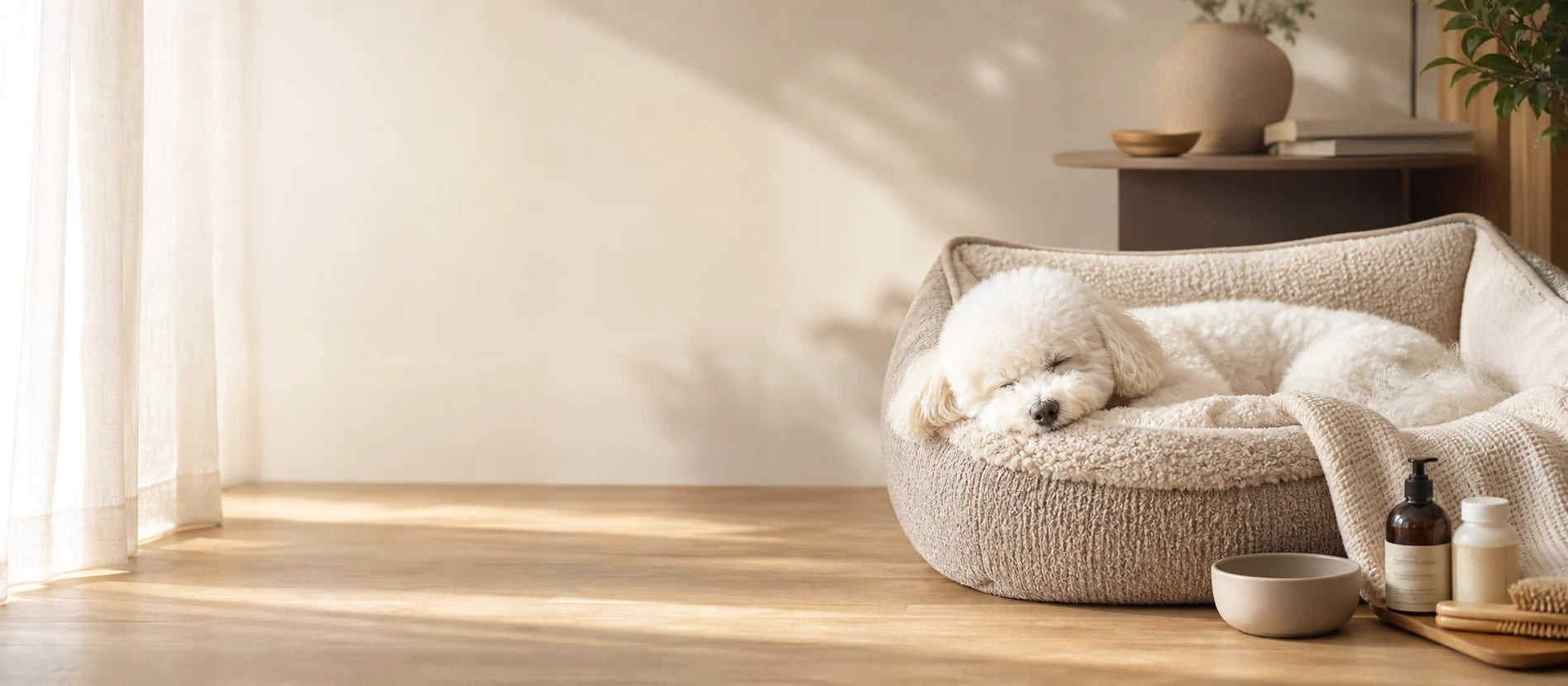 Small white dog sleeping in a plush pet bed in a warm premium home interior
